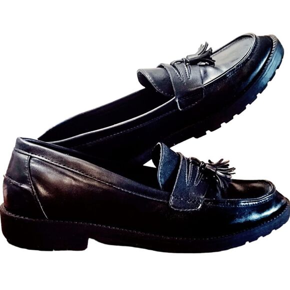 LOAFERS ANGEL FLEX  Women's  loafer TASSELS SLIP ON BLACK 9.5 LEATHER - Picture 1 of 5